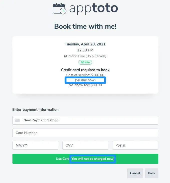 Apptoto booking page showing no-show fee