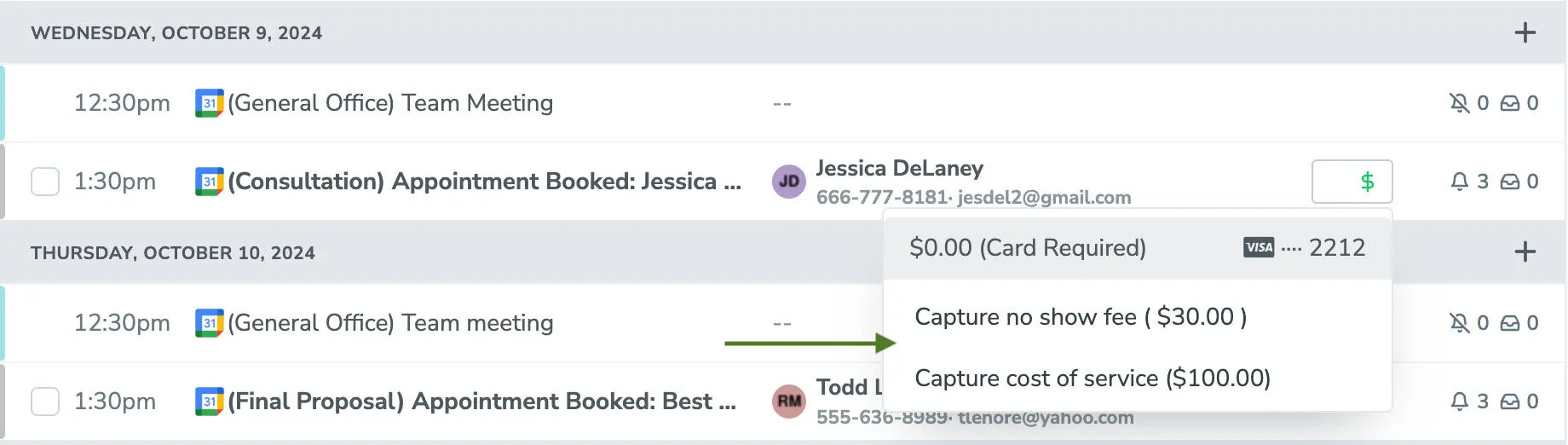 Collect no-show fee or cost of service via the menu for an individual participant on the Appointments tab.
