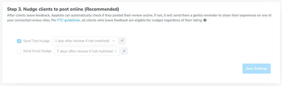 Deliver text or email nudges to clients to leave reviews publicly