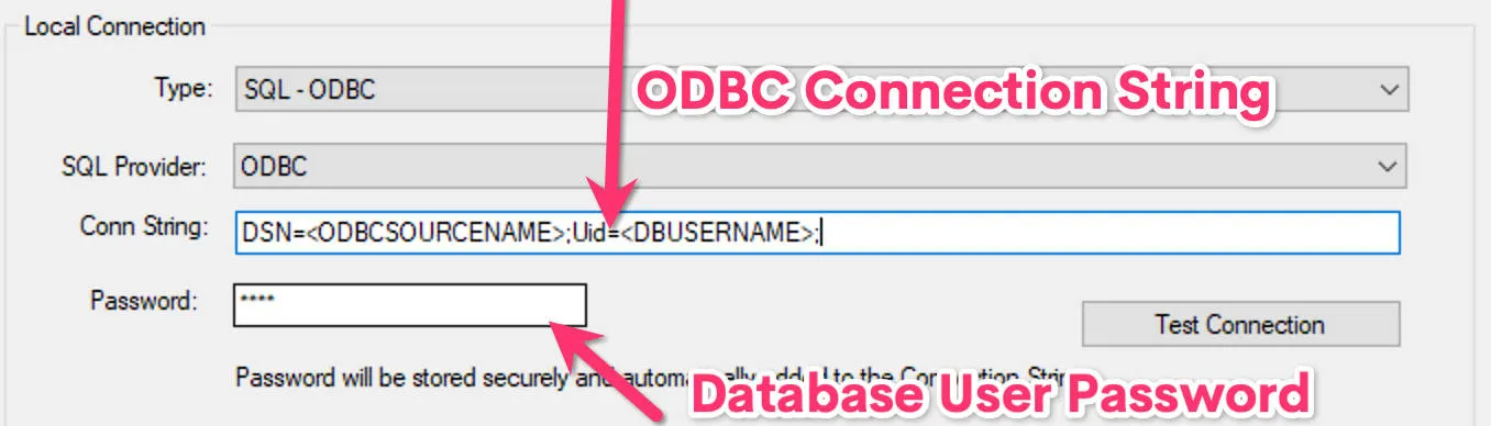 ODBC connection string field and password field