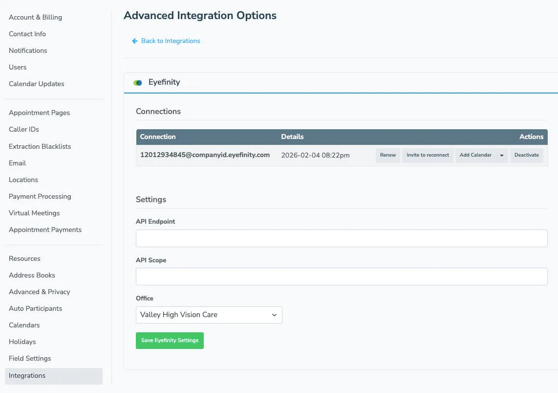 Select your office from the Office field and click "Save Eyefinity Settings" to finish your integration