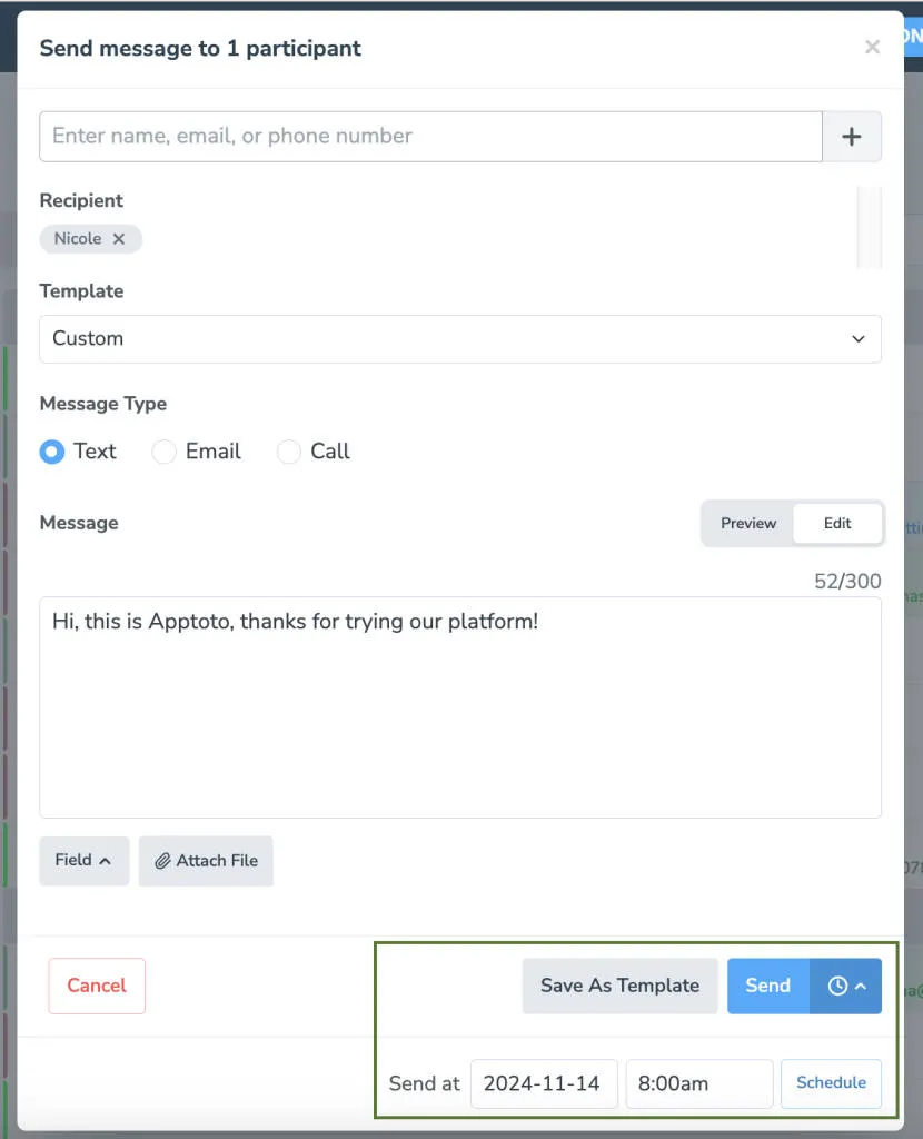 If you schedule your one-time message to send later, add the date and time. Click schedule.