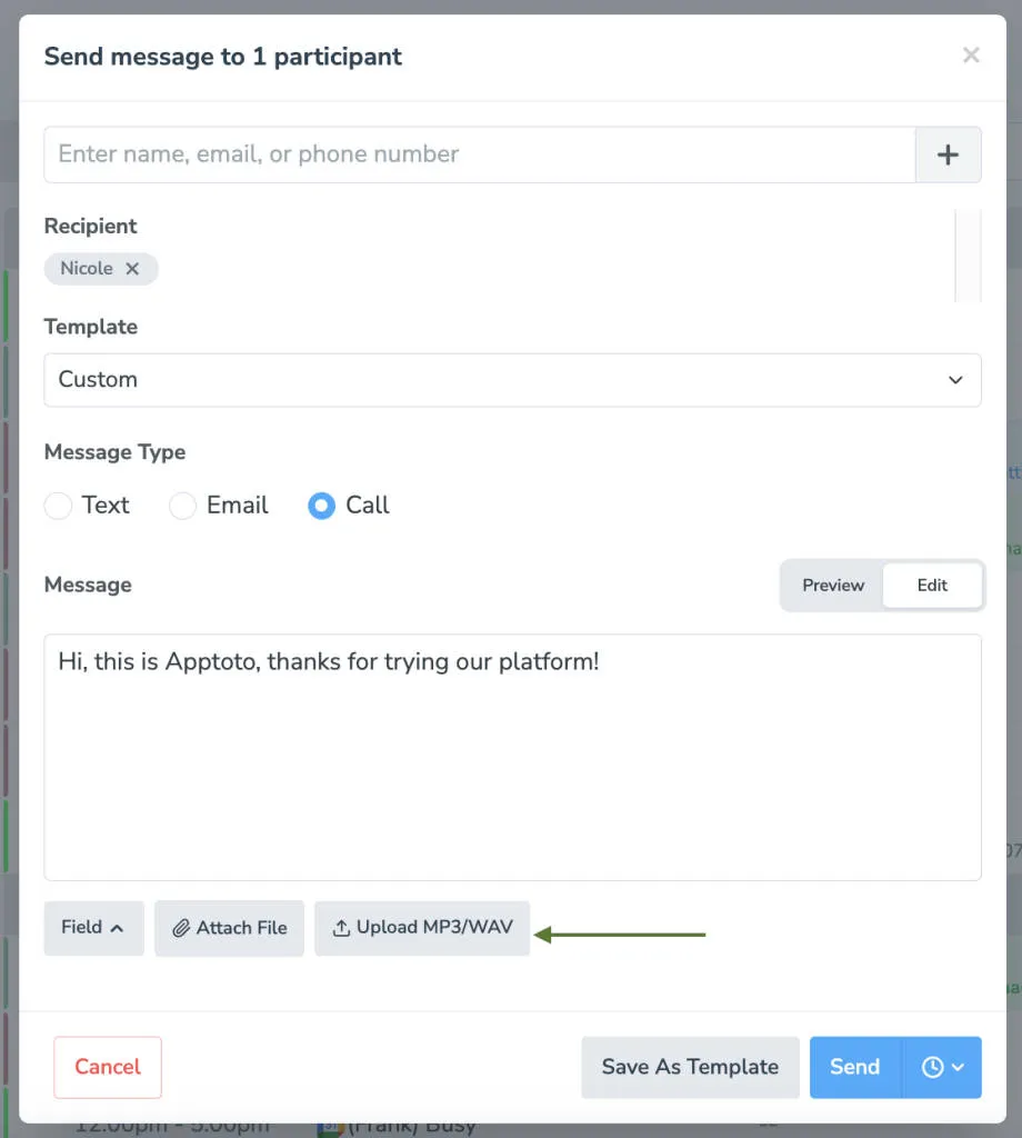 Add a MP3/WAV file to a one-time message using the upload button