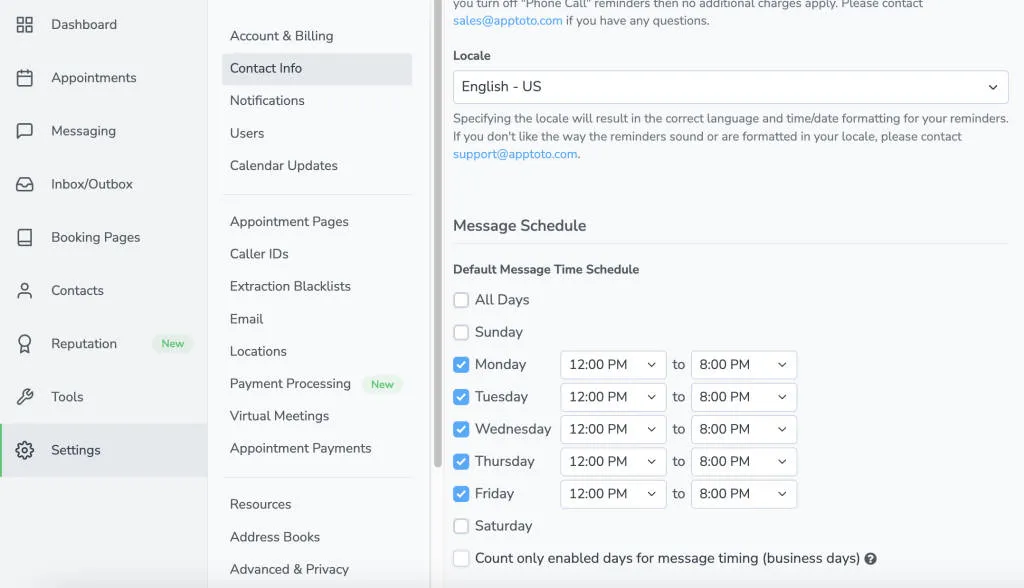 Default Apptoto message schedule showing only some days of week enabled to allow messaging.