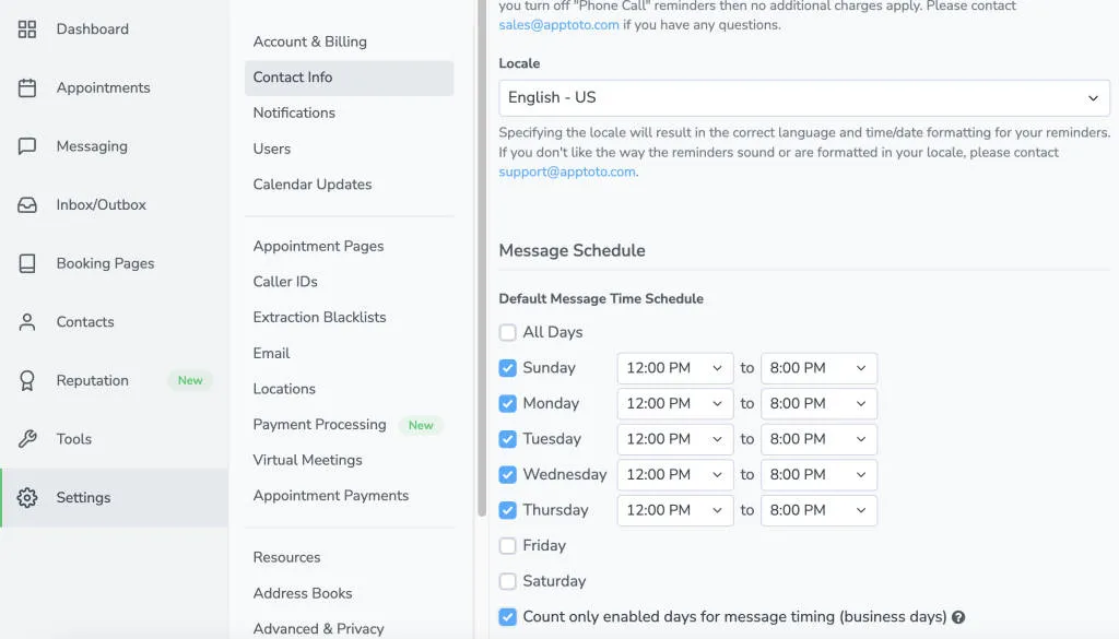 Message Schedule where message count only takes into consideration enabled days (Tuesday through Sunday)