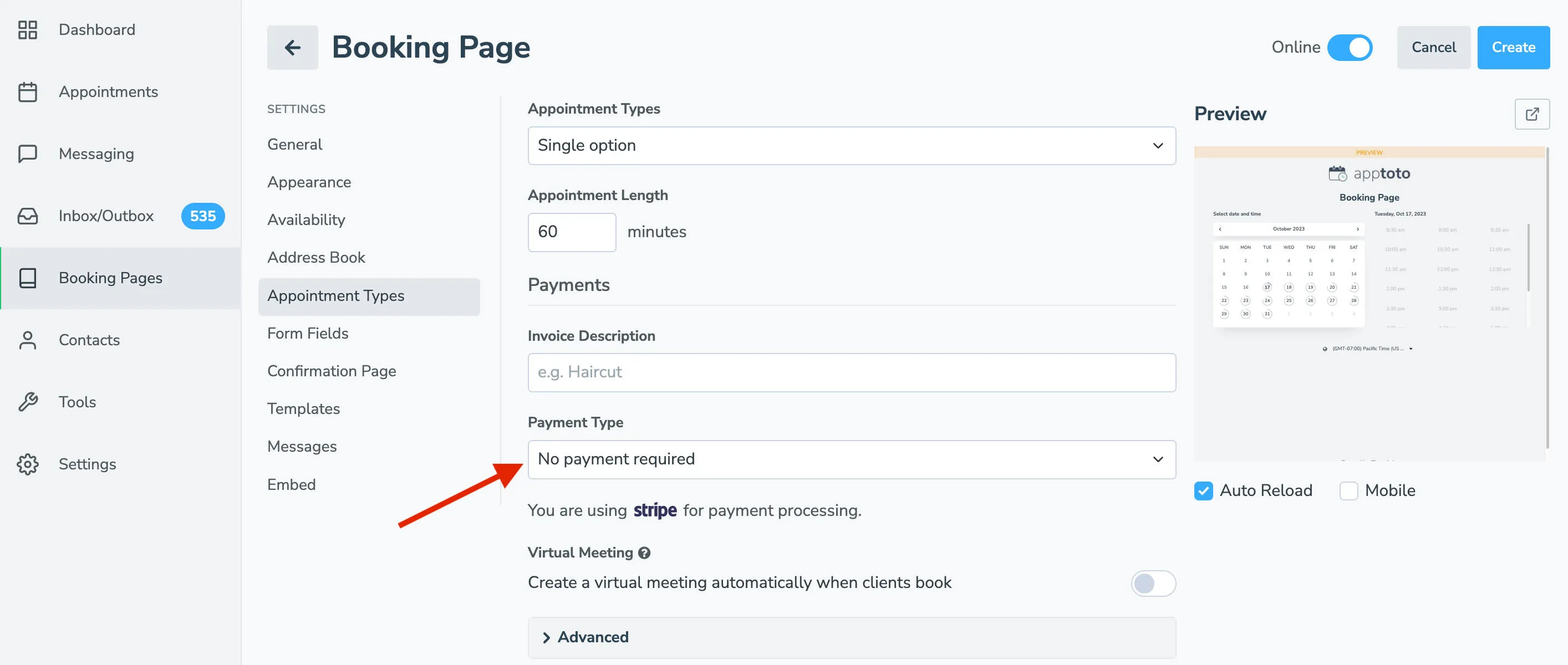 When setting up payments tool, choose the type of payment clients will be responsible for.