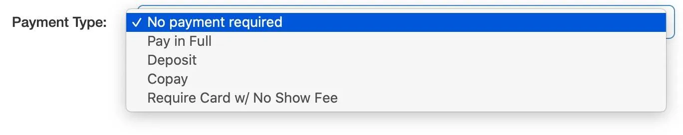 Appointment payment options: no payment, pay in full, deposit, copay, no-show fee