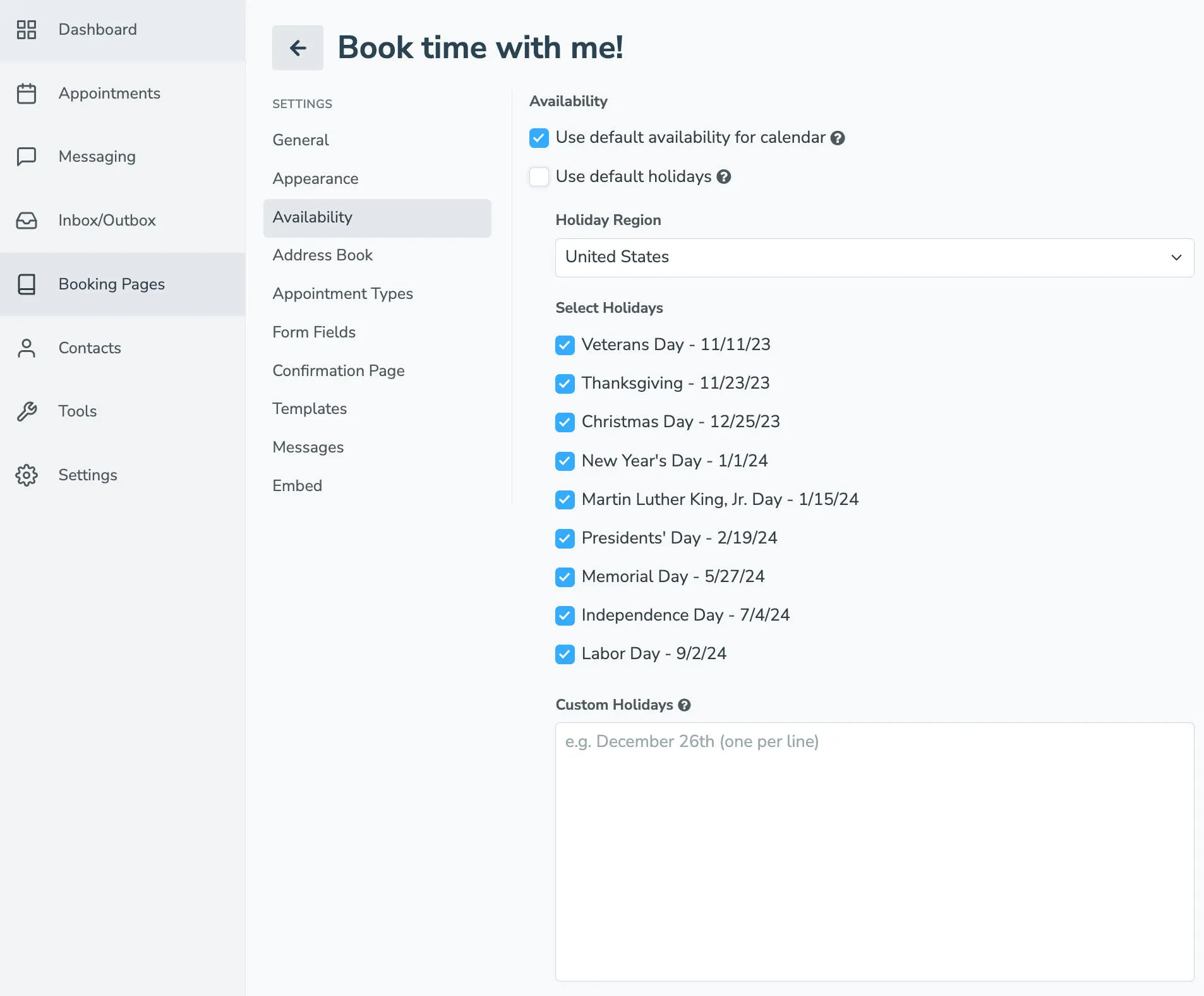 Set the holidays your business will be closed on a page-by-page basis for appointment booking