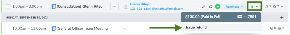 For an individual event on Apptoto's appointment view, click the $ to issue refunds.