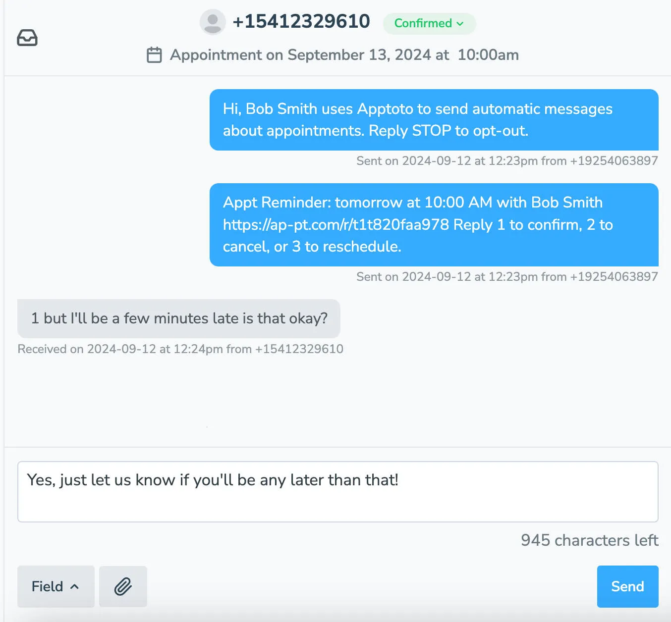 Enter message back to client in inbox/outbox tab in Apptoto