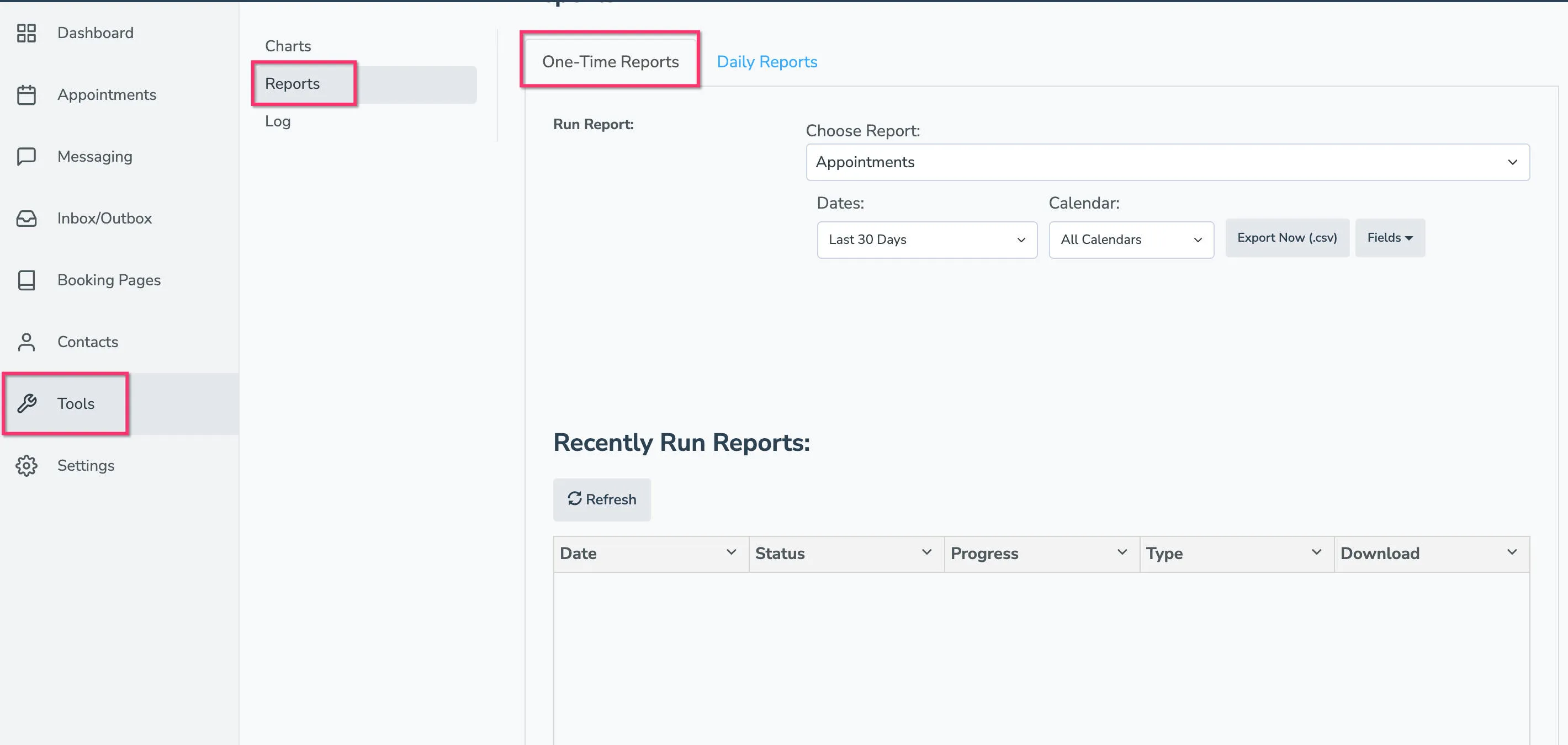 Exporting a list of appointments can be done via Apptoto's Tools>Reports tab
