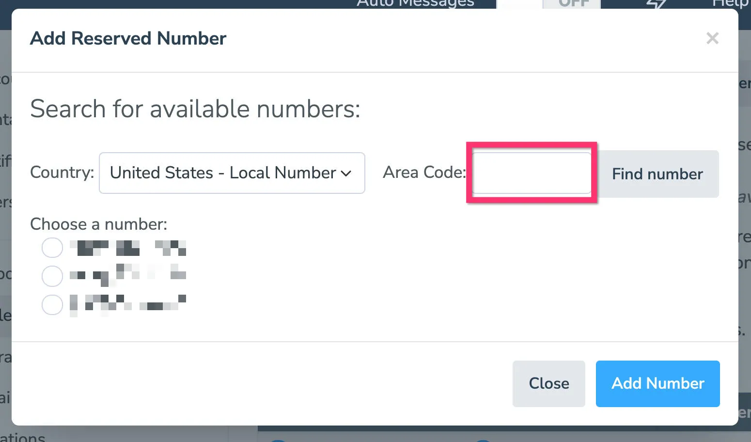 Request a reserved number with your preferred area code