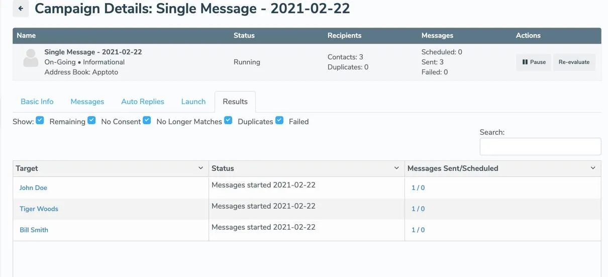 The campaign results tab displays campaign performance metrics.