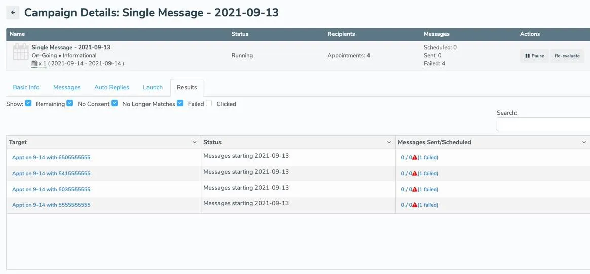 View campaign performance metrics on the Campaigns > Results tab.