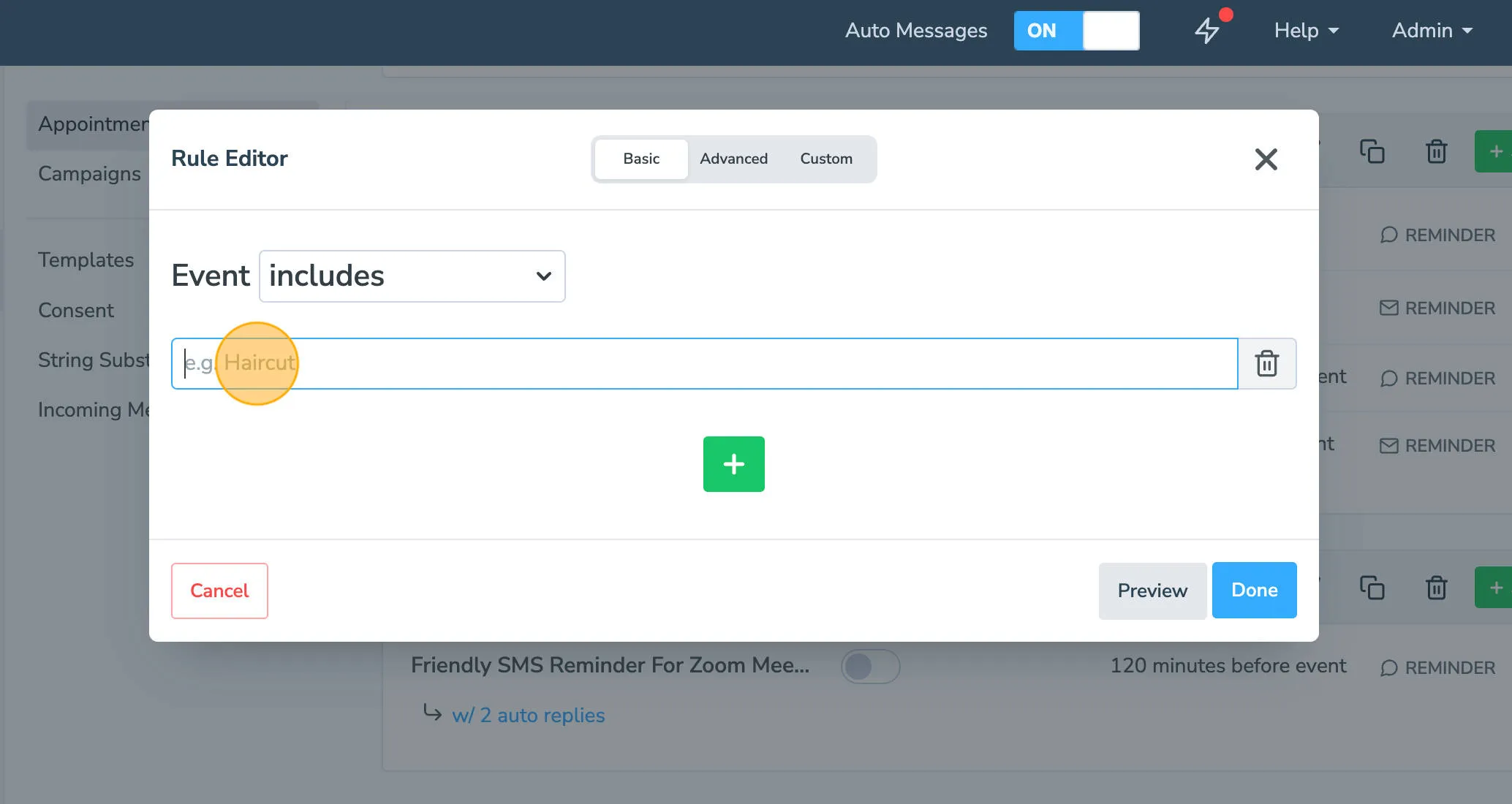 Creating a new auto messaging rule using a keyword in Apptoto
