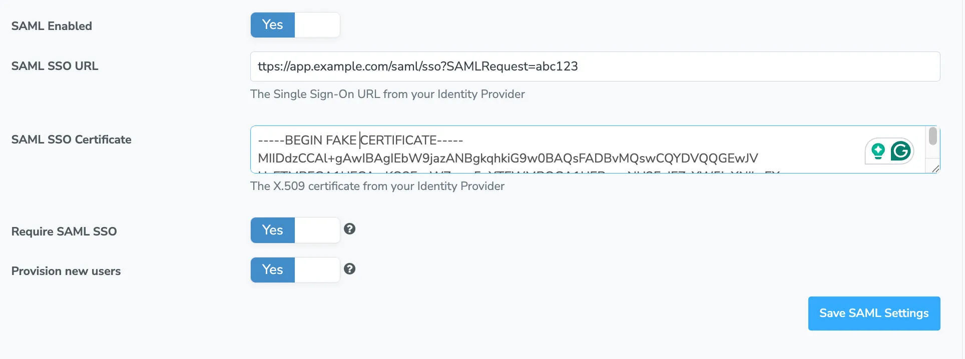 Enable SAML SSO and add your SAML SSO URL and Certificate, and update settings