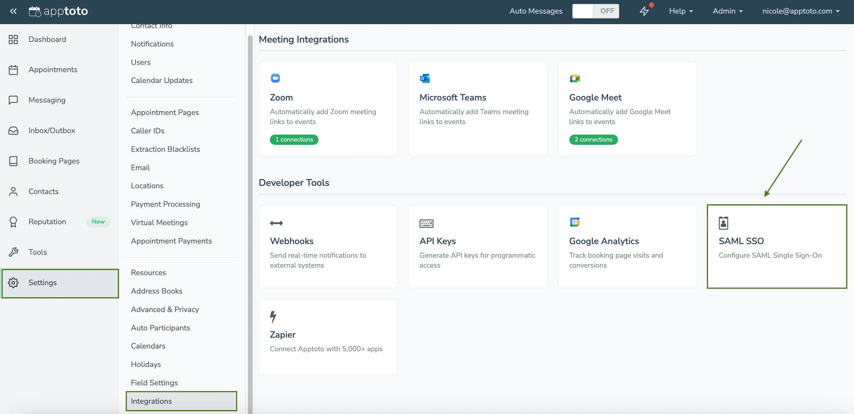 Configure SAML under Settings > Integrations > SML Single Sign-On (SSO)