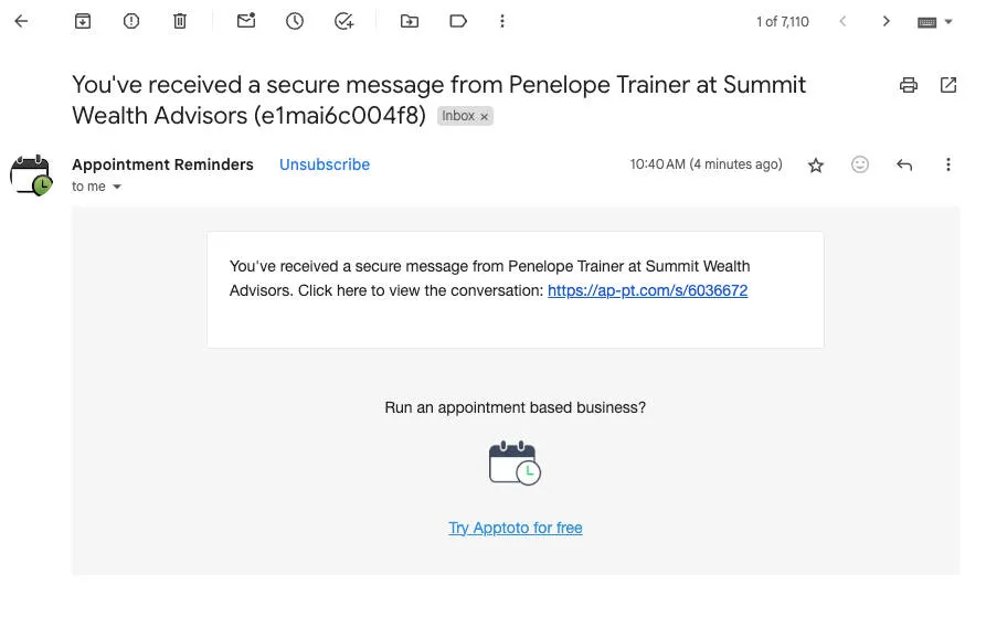 Secure Message email sent via Apptoto