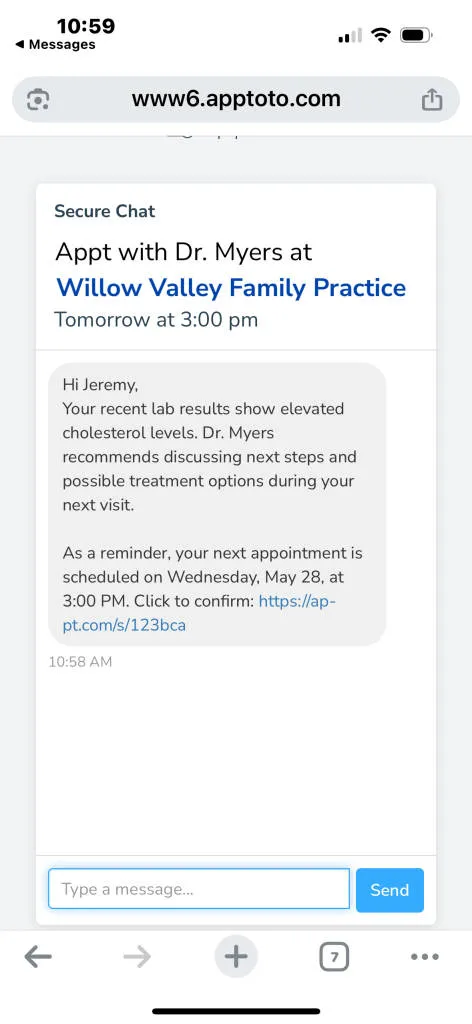 Secure messaging client text example