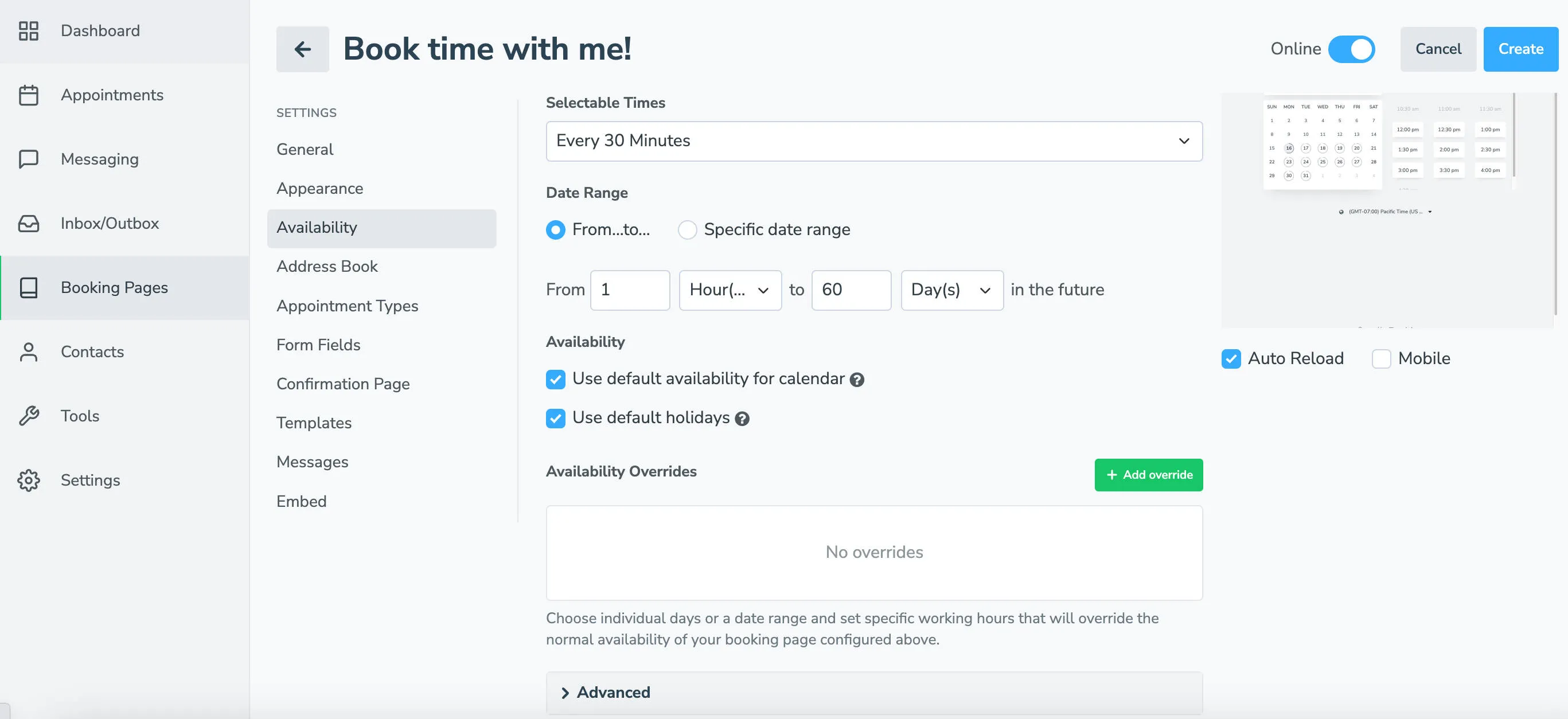 Set selectable or available times you can take appointments on your booking pages in Apptoto