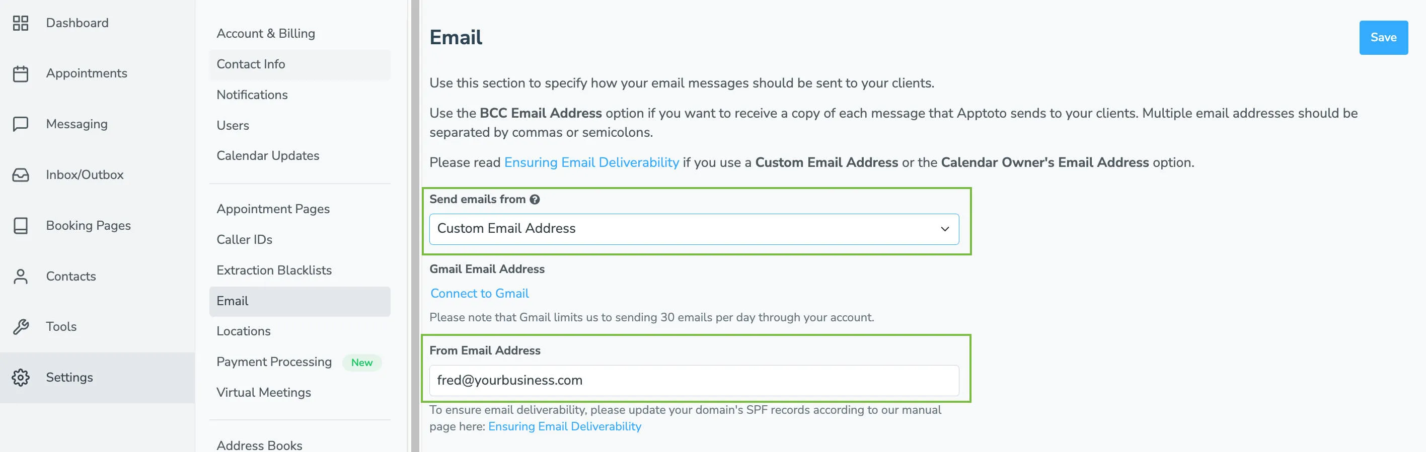 Select which email address type you'd like Apptoto to send emails from on your business's behalf.