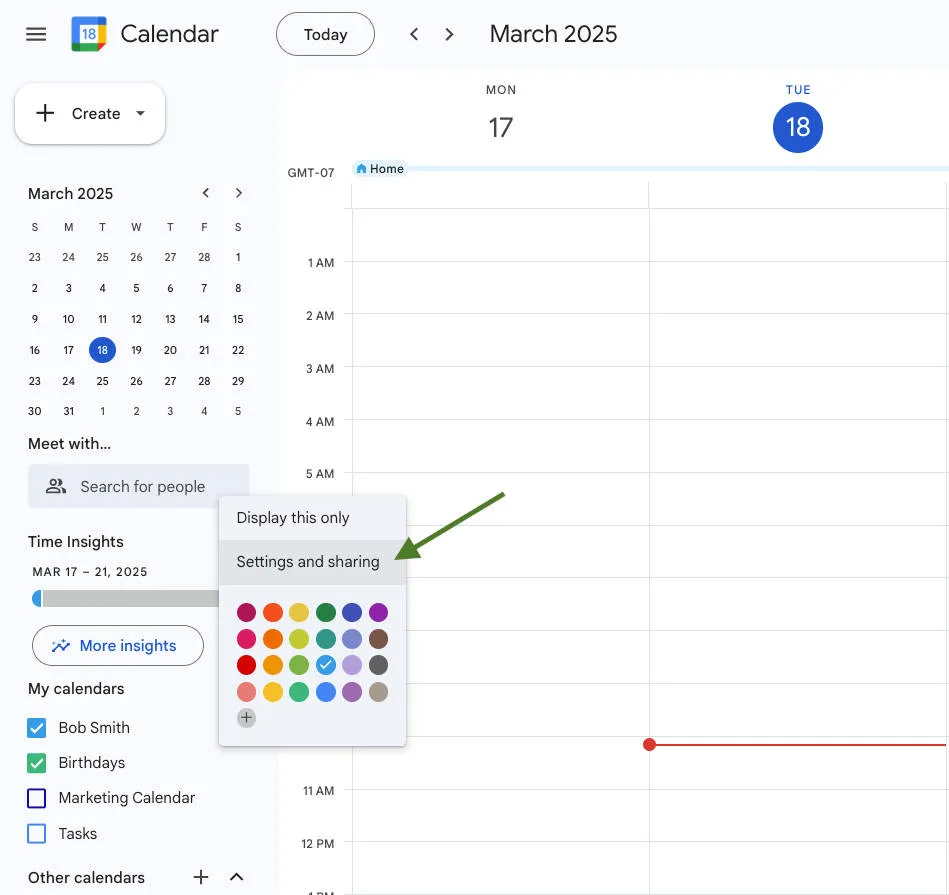 Google Calendar settings and sharing link