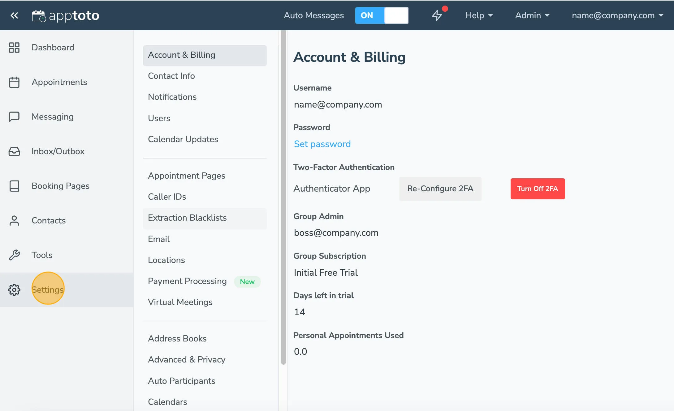 Highlighted settings tab in Apptoto platform