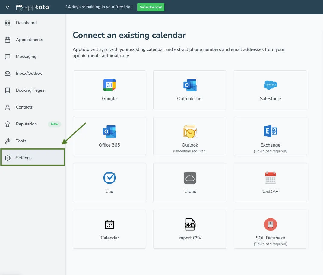 Select the Settings tab to navigate to the integrations tab and connect your Eyefinity Encompass account
