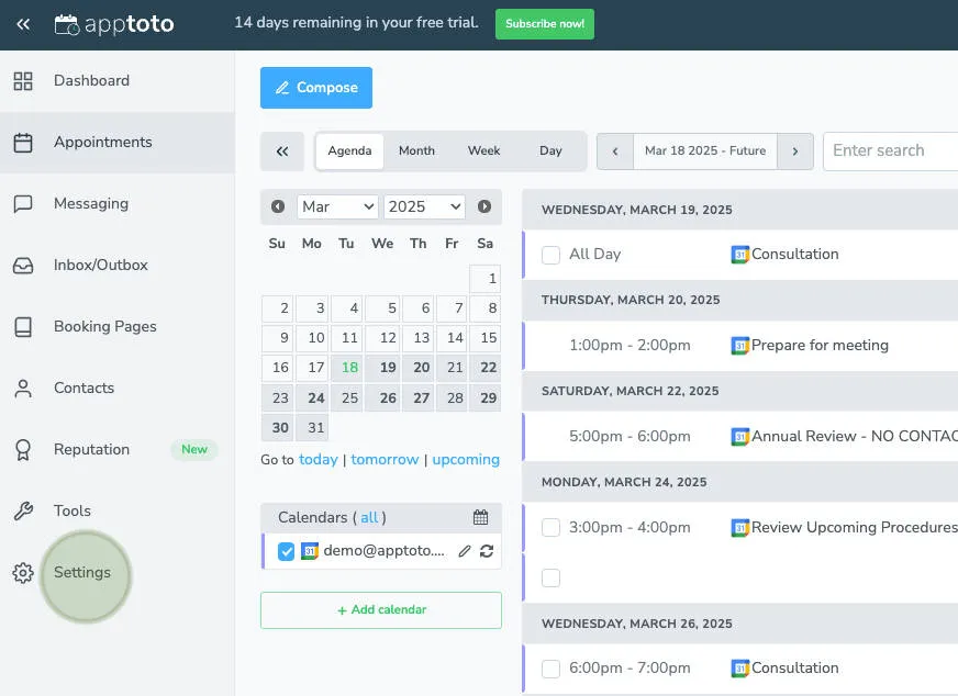 Settings tab in Apptoto platform