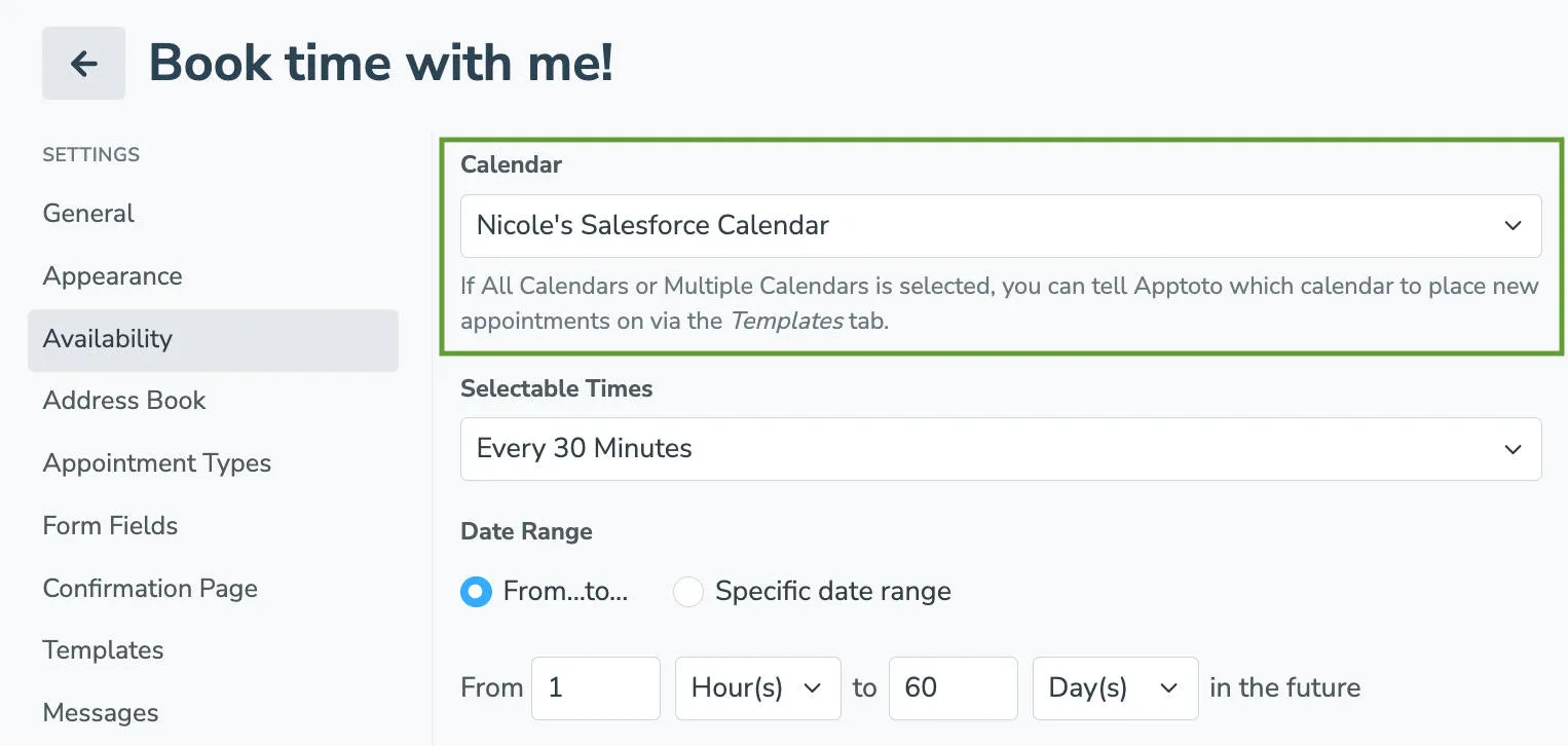 Ensure your Apptoto booking page is set to sync to your Salesforce Calendar