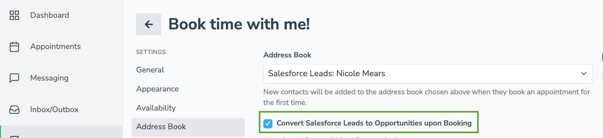 Click the checkbox to allow Salesforce Leads to be converted to Opportunities once a Lead books an appointment