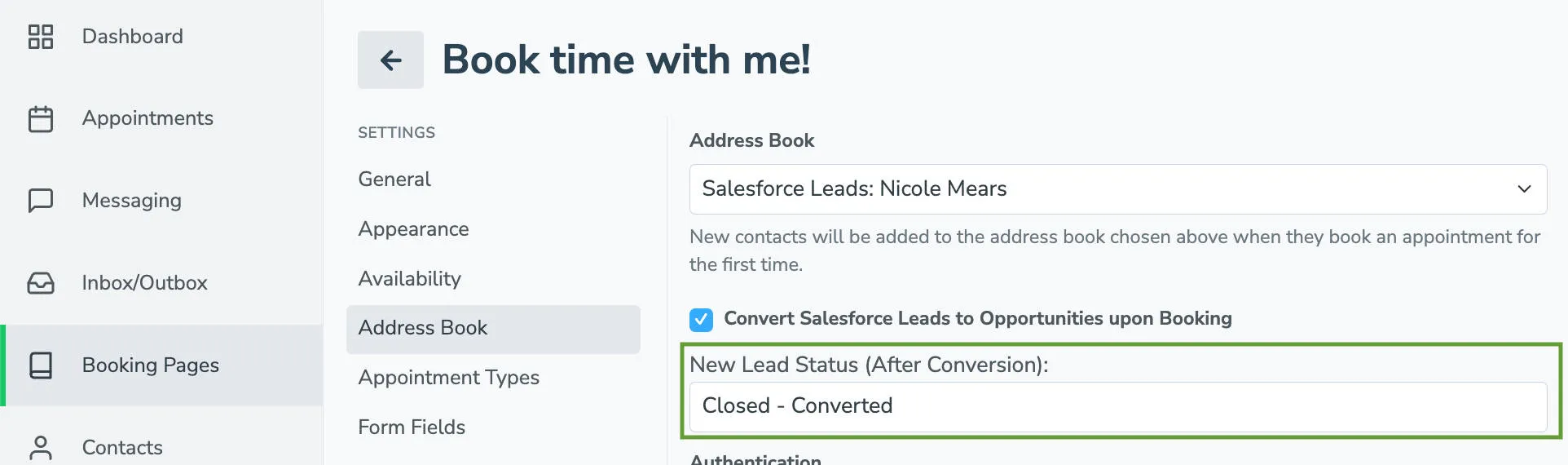 Enter the New Lead Status name from Salesforce into Apptoto's Address Book tab