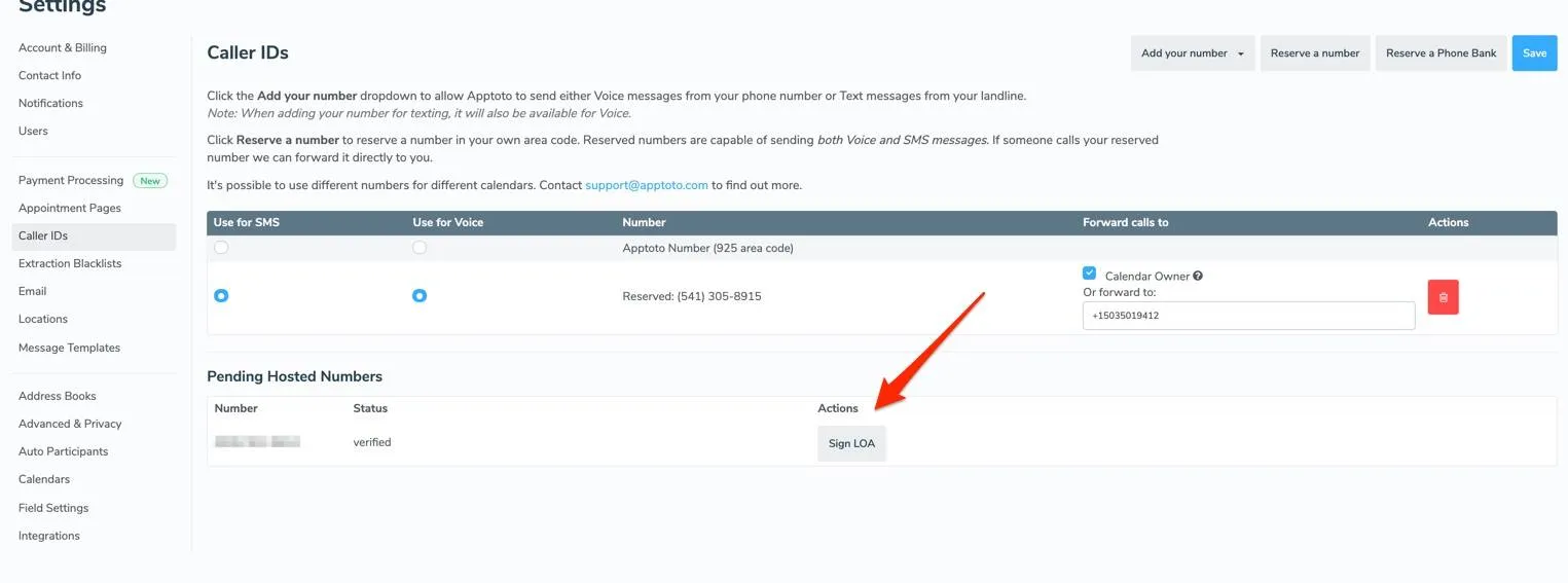 Caller ID settings screen with sign letter of authorization button for hosted number approval
