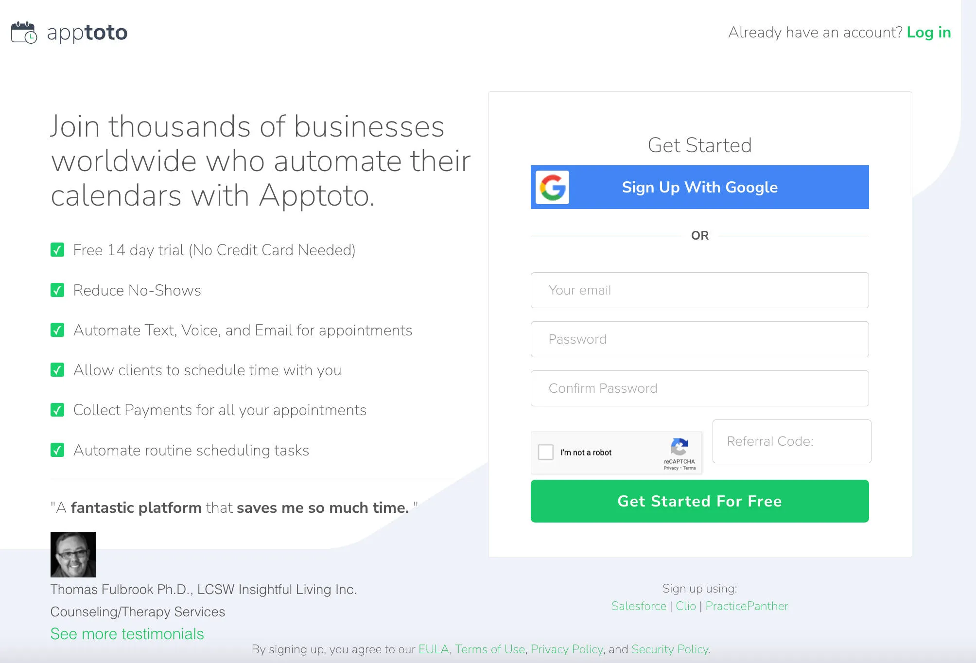 Apptoto signup screen where users can activate a new Apptoto account.