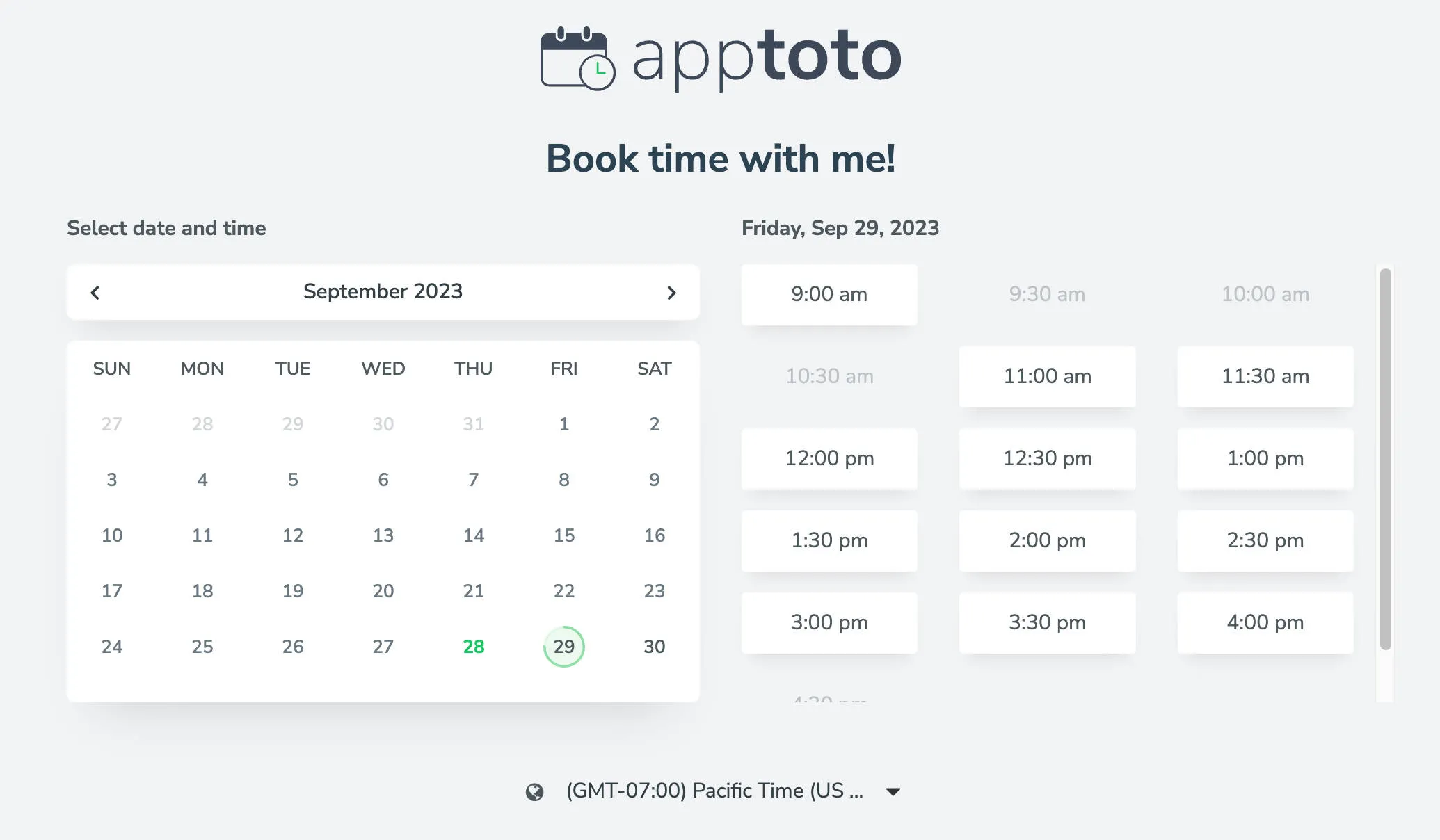 Apptoto booking page with only one type of appointment available to choose.