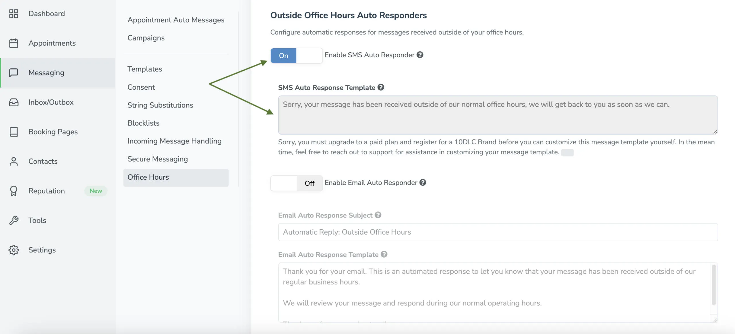 Set SMS outside office hours responder message