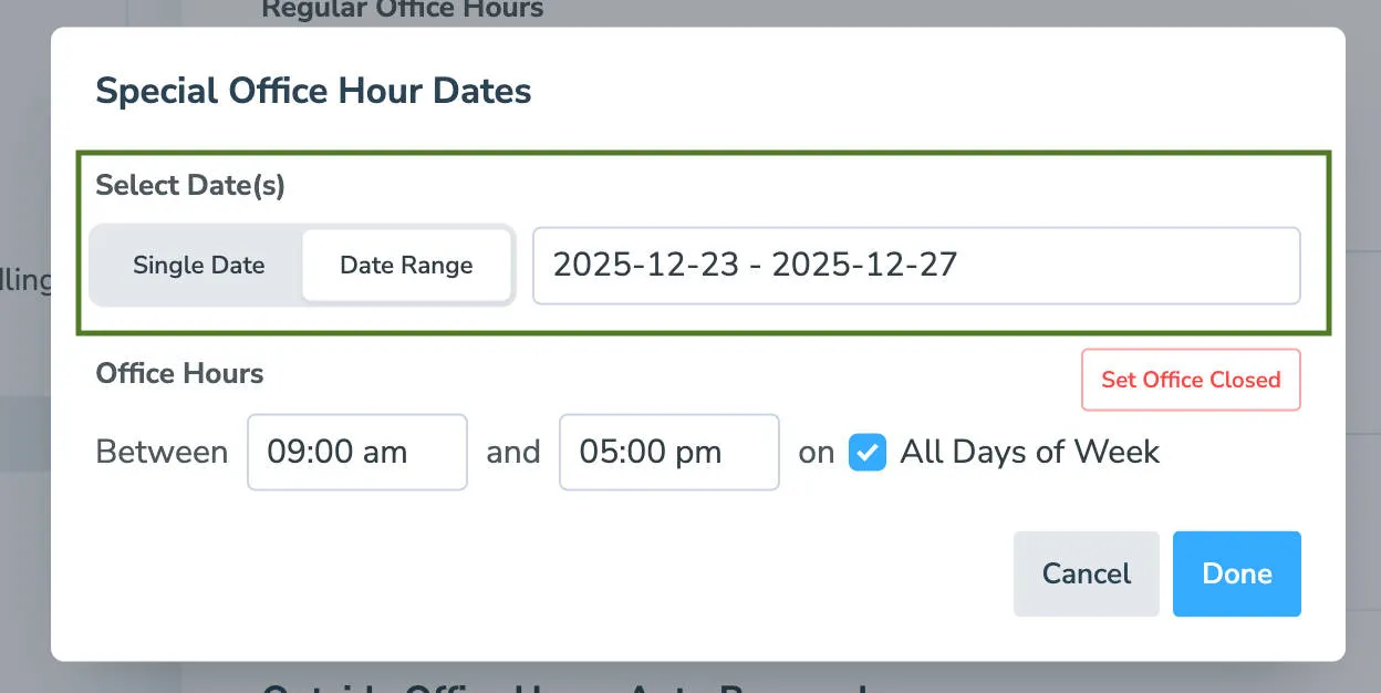 Special office hour date picker