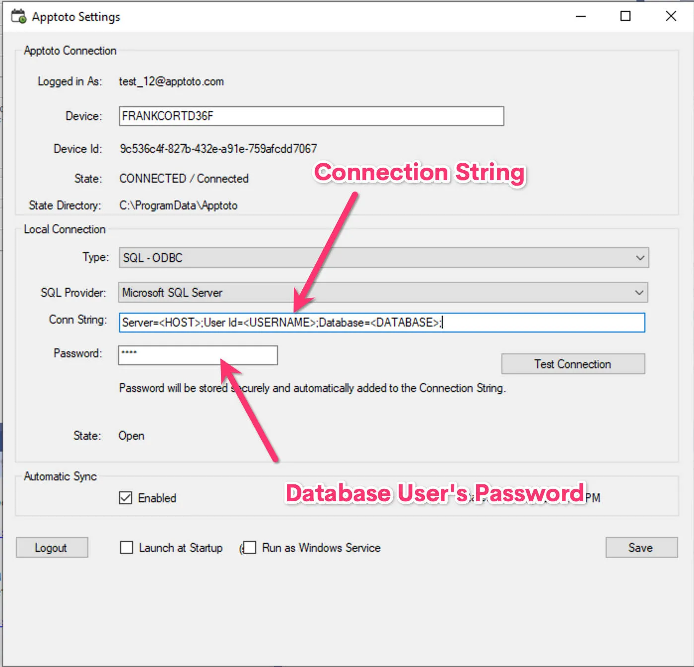 Set your connection screen and enter your password to configure your SQL database connection