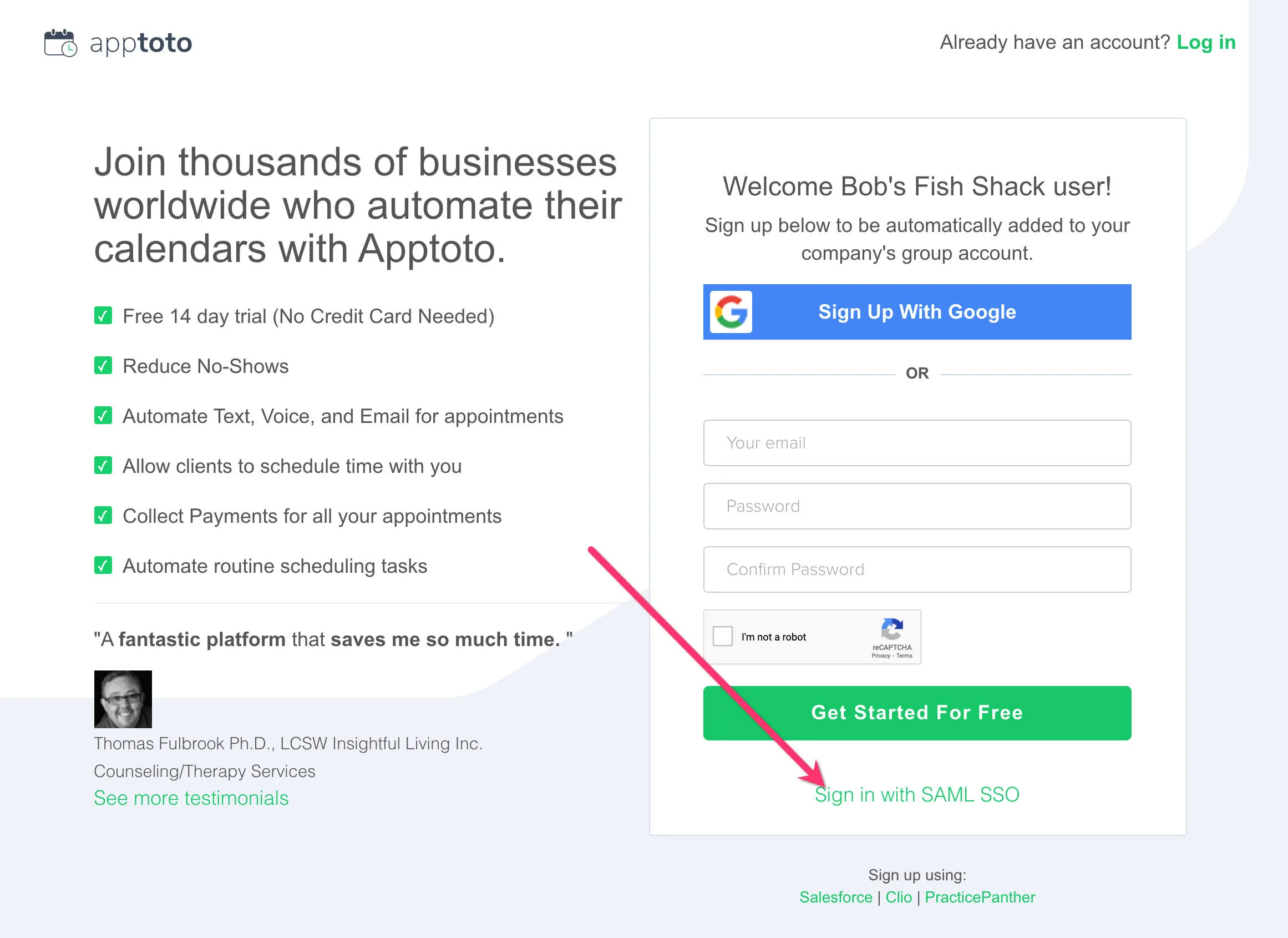 Once SAML is set up for a group account. the signup page will display an option to sign in with SAML SSO
