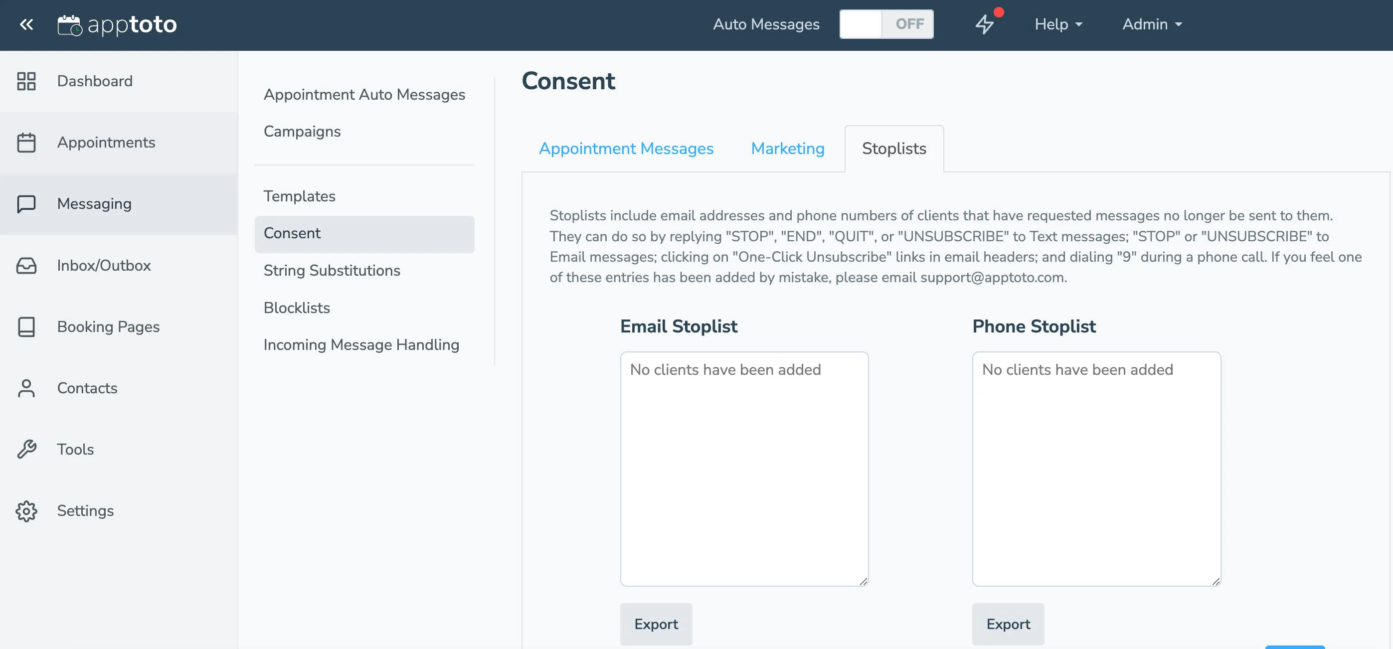 Stoplists list email address and phone numbers of clients who've opted out of appointment messaging