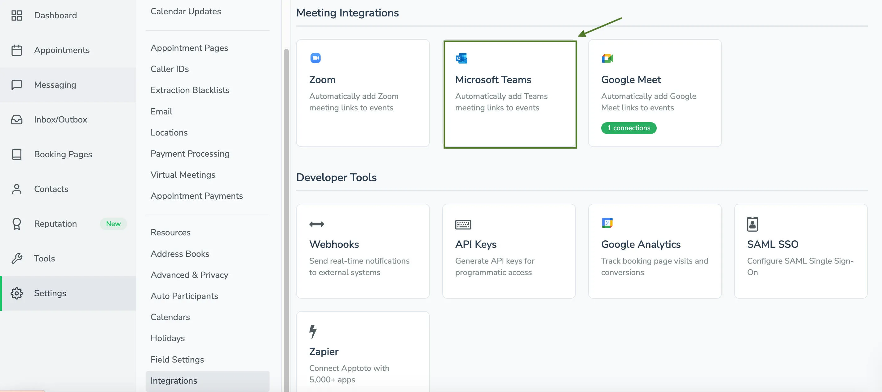 Apptoto integrations page with Microsoft Teams virtual calling platform highlighted.