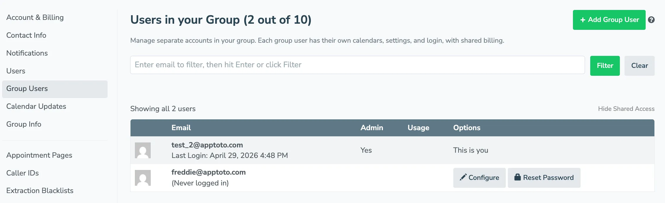 The Apptoto account admin for a group account can add users and make changes via the Settings > Group Users tab.