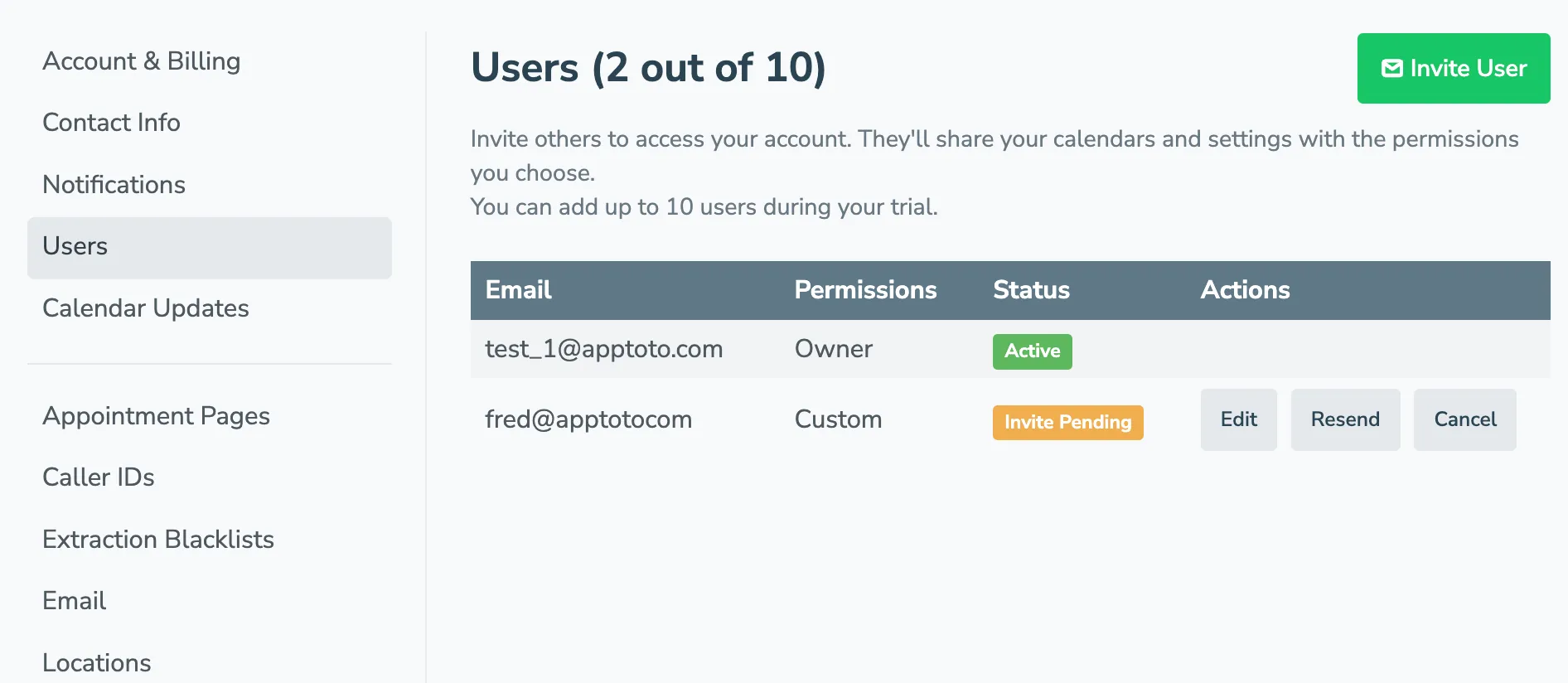 The Settings > Users tab lists everyone with access to your Apptoto account along with their permissions and status.