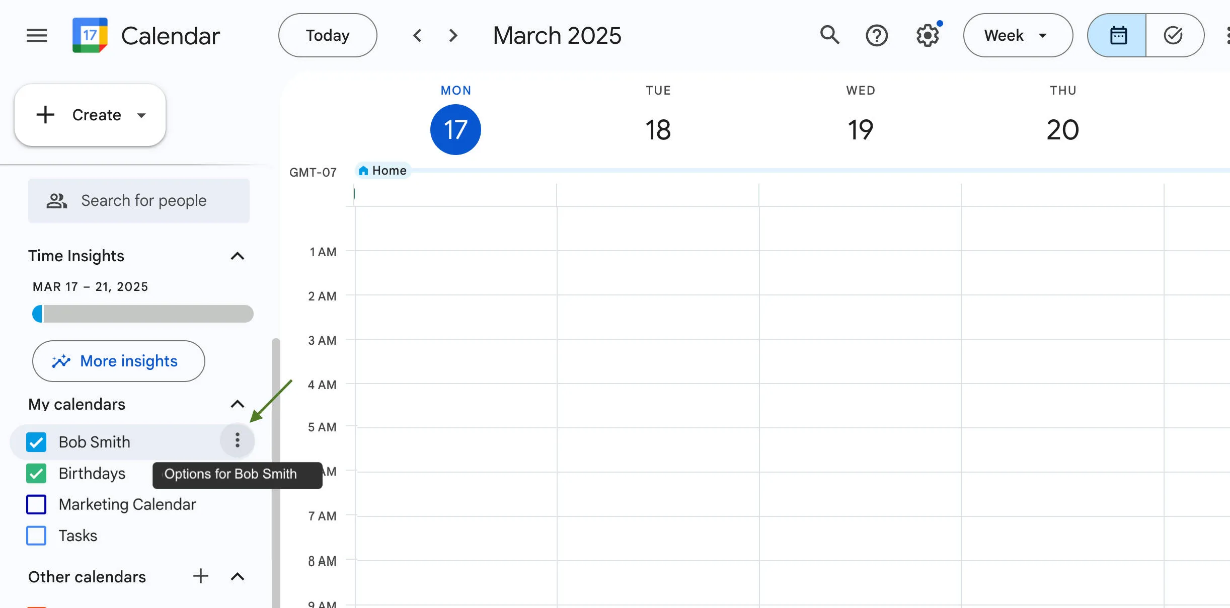 Click the vertical menu next to the calendar you want to share in Google Calendar