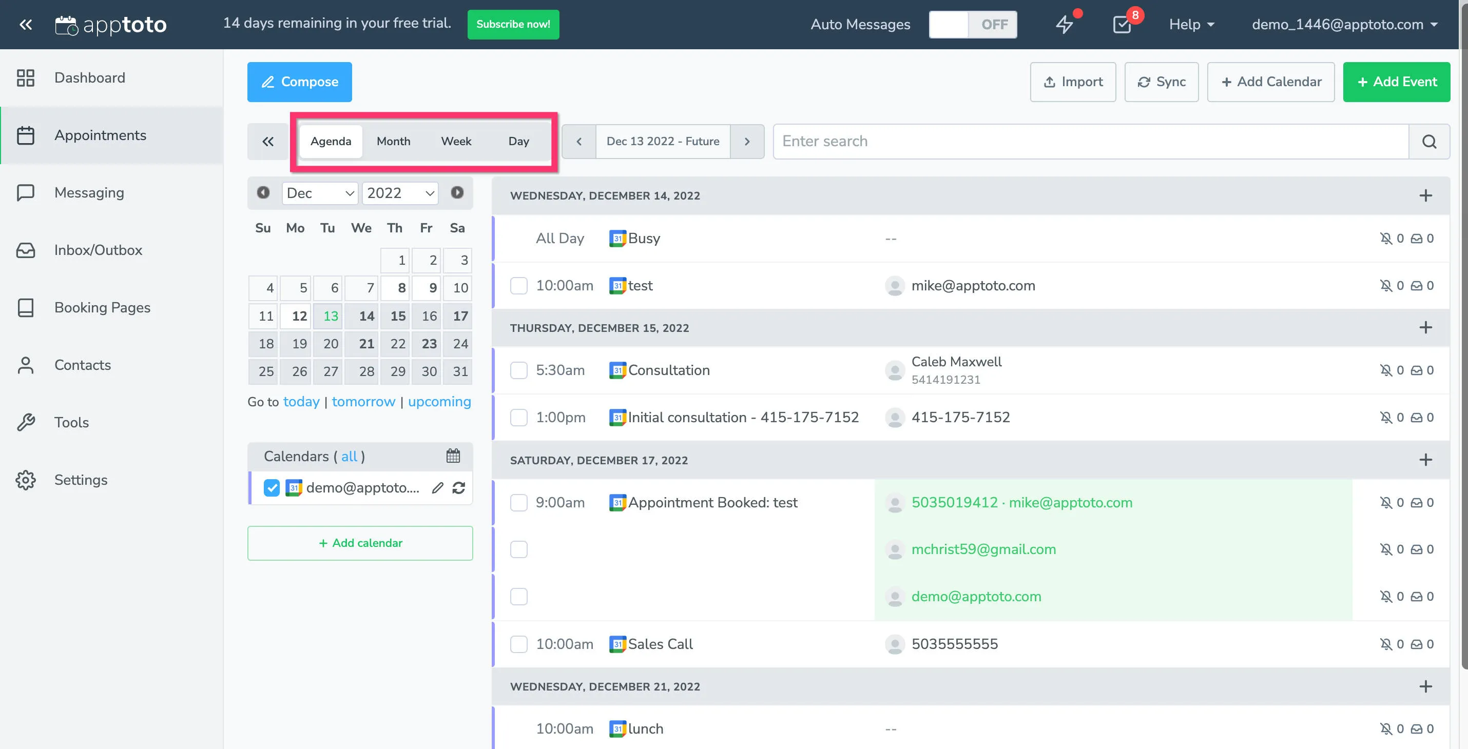Switch between viewing your agenda, or upcoming month, day or week on the appointment tab