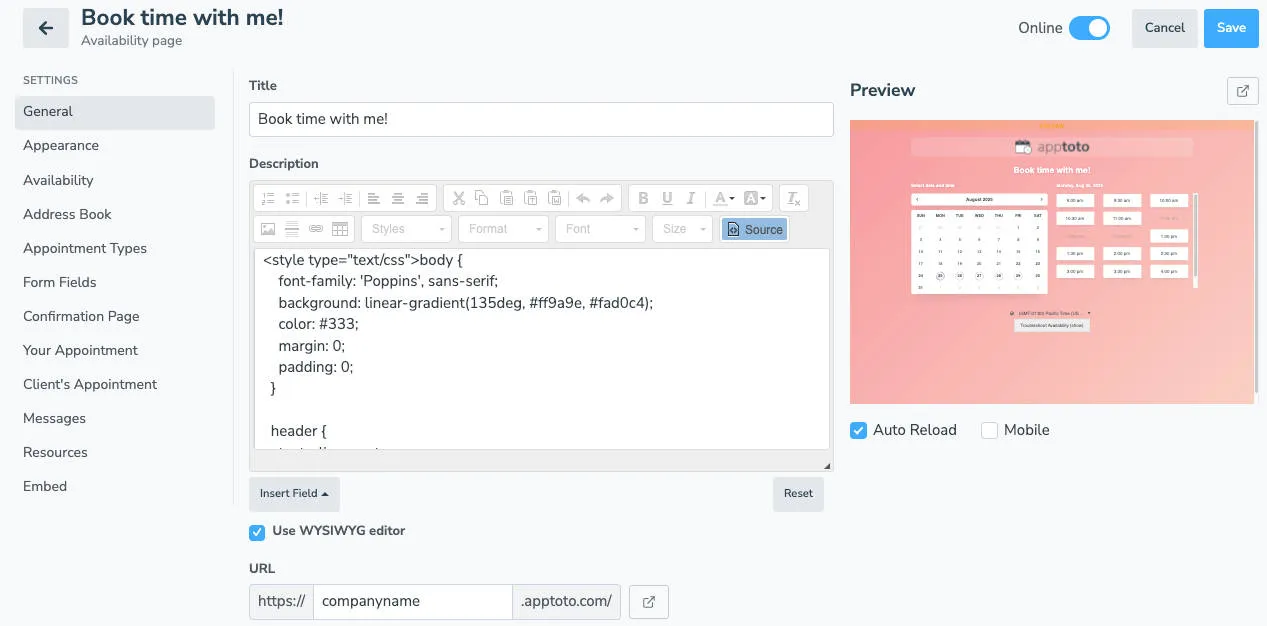 Use the WYSIWYG editor to customize your Apptoto booking page