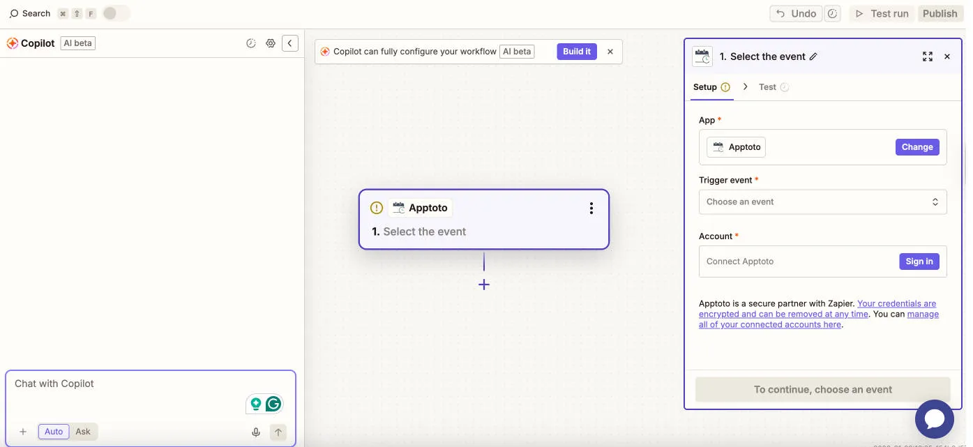 Zapier Apptoto app configuration screen where you set your trigger event