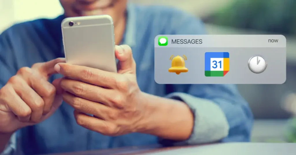 Man with cell phone and message with alarm, Google Calendar, and clock icon for google appointment reminders